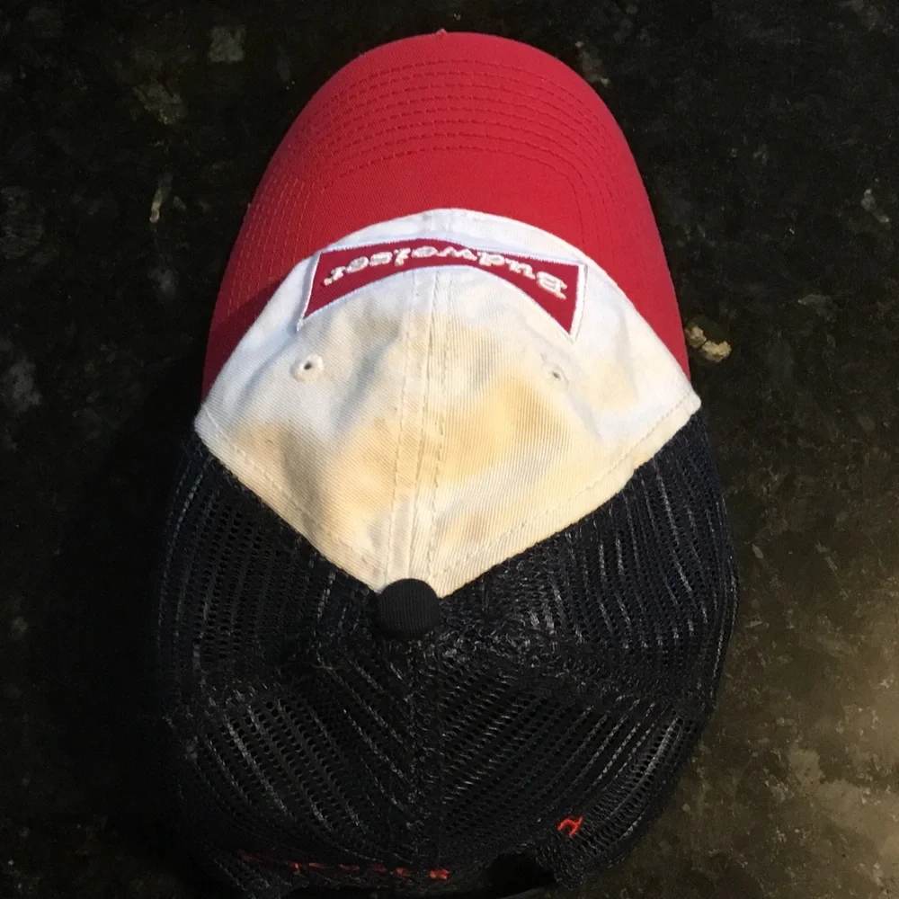 Budweiser Beer Snap Back Athletic Red White Navy Mesh Alcohol Baseball Hat
